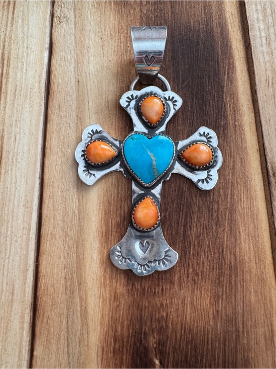 Jewelry - Sterling Cross Pendant with Turquoise Heart and Orange Spiny Accents